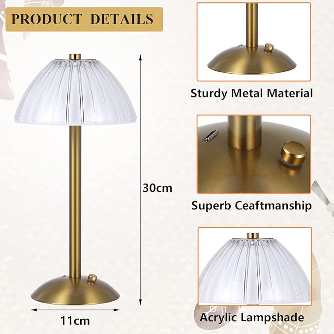 Liliful 1 Pcs Cordless Table Lamp Rechargeable Touch LED Small Gold Portable - Image 2