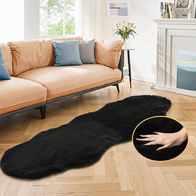 Black Shag Washable Fluffy Fur Area Rugs by ORINOVA