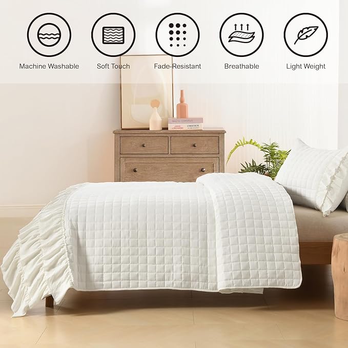 HORIMOTE HOME Ivory Ruffled Quilt Set Twin Size, Classic Geometric Square - Image 2
