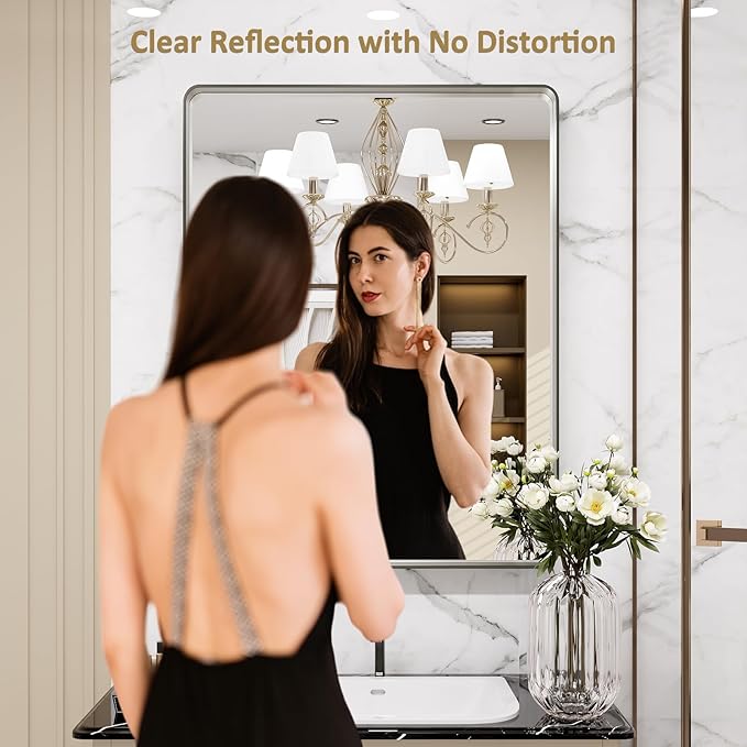 LOAAO 24X36 Inch Brushed Nickel Bathroom Mirror, Rounded Rectangle Silver Metal - Image 2