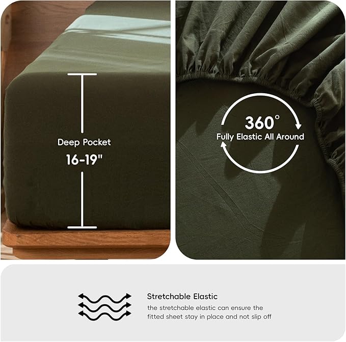 MooMee Fitted Bottom Sheet Only 100% Washed Cotton Linen Like Textured - Image 2