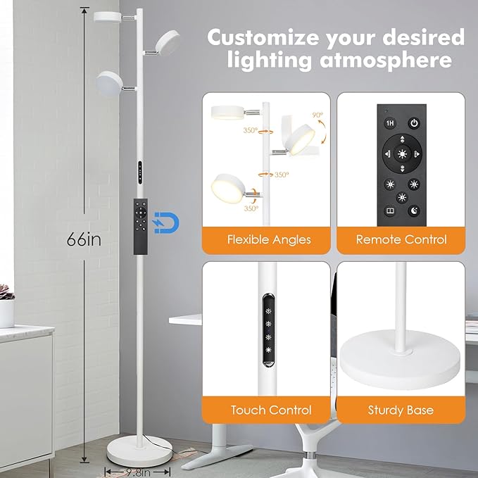 White Floor Lamp with Remote Tall Standing Lamps 30W LED Tree Floor Lamp with 3 - Image 4