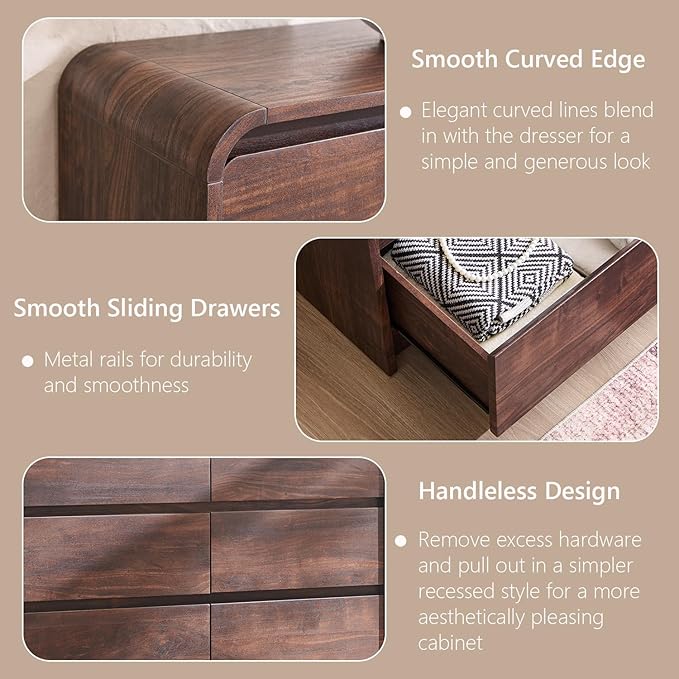 Modern 6 Drawers Dresser for Bedroom, Mid Century Modern Dresser w/Natural - Image 5