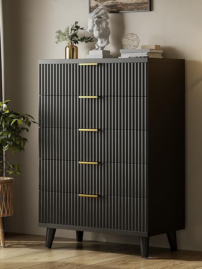 Lulive Black Dresser for Bedroom Wood Tall Dressers Drawers, Fluted Modern by Lulive