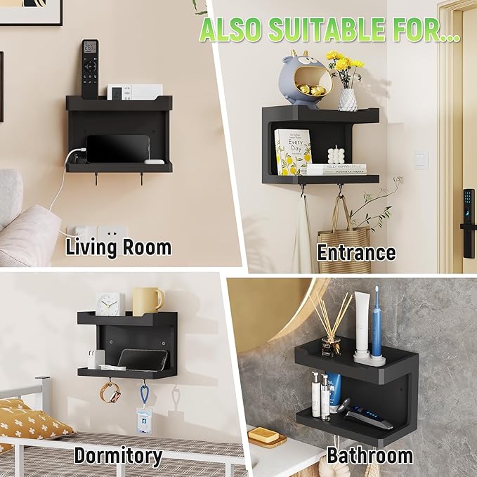 NiHome Large Wall Mounted Wooden Bedside Organizer, Double Storage Shelves & - Image 6