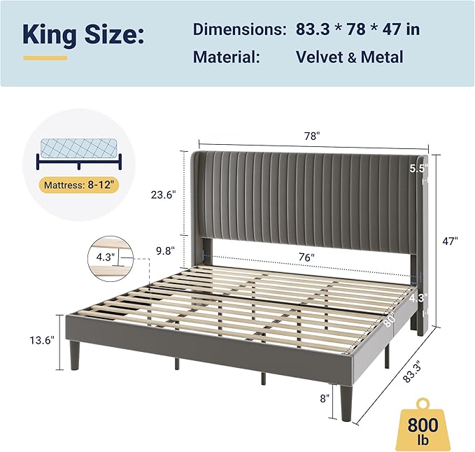 Allewie King Size Velvet Bed Frame/Vertical Channel Tufted Wingback - Image 2