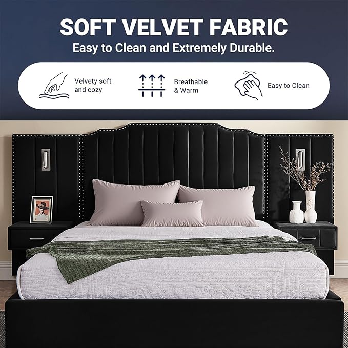 Luxury Queen Bed Frame with Headboard and Storage, Velvet Fabric Upholstered - Image 6