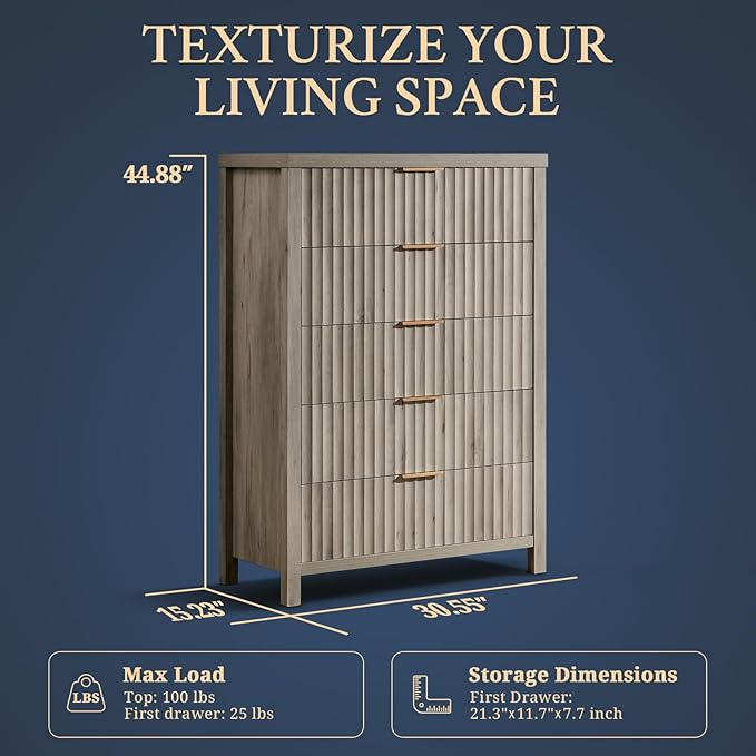 5 Drawers Dresser for Bedroom, 44 Inches Tall Modern Bedroom Dressers, Chest of - Image 3