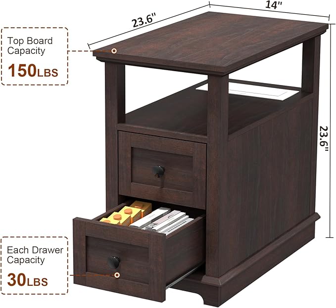 HIFYOBRO Narrow End Table with Flip Top Charging Station Set of 2, Side Table - Image 3