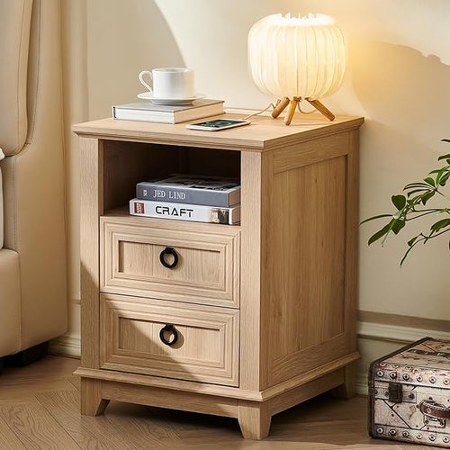18" Farmhouse Night Stand with Charging Station, 2 Drawers Bedside End Table by Joaxswe