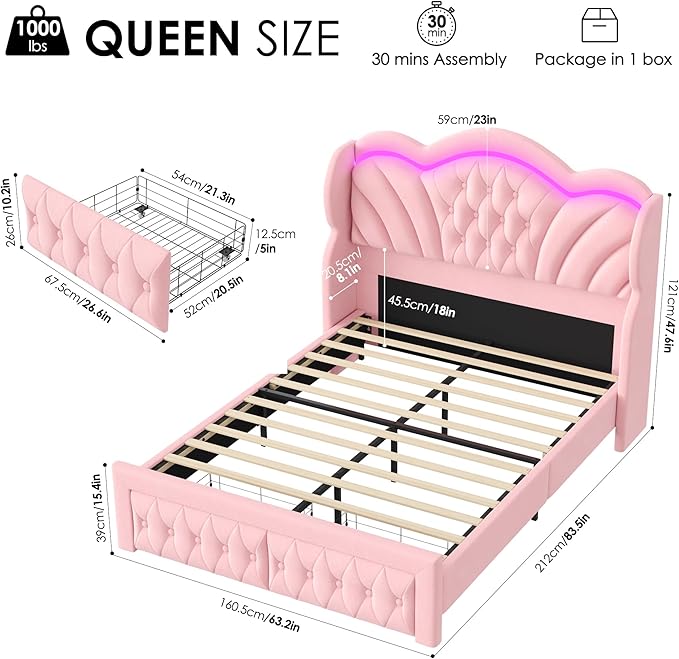 Keyluv Queen Bed Frame with LED Lights and 2 Storage Drawers, Velvet - Image 2