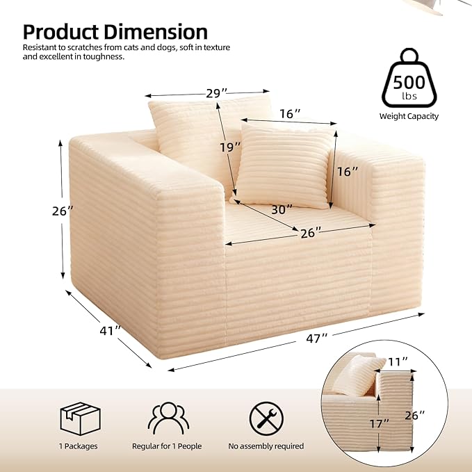 Single Sofa Foam Couch Sofa for Small Spaces, Giant Bean Bag Chair, Comfy Sofas - Image 3