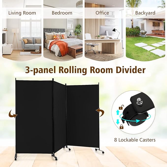 GOFLAME 3 Panel Folding Room Divider, 6FT Rolling Privacy Screen - Image 3