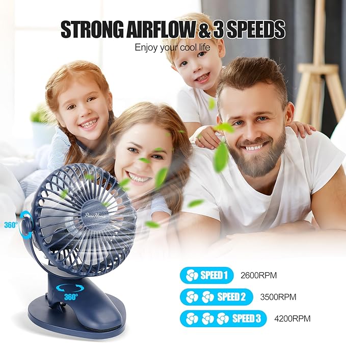 Portable Clip Fan Battery Operated, 3 Speeds USB Rechargeable Mini Table Fan - Image 2