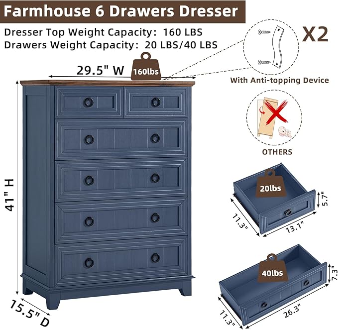 Farmhouse 6 Drawer Dresser for Bedroom, Rustic Wood Dresser - Image 2