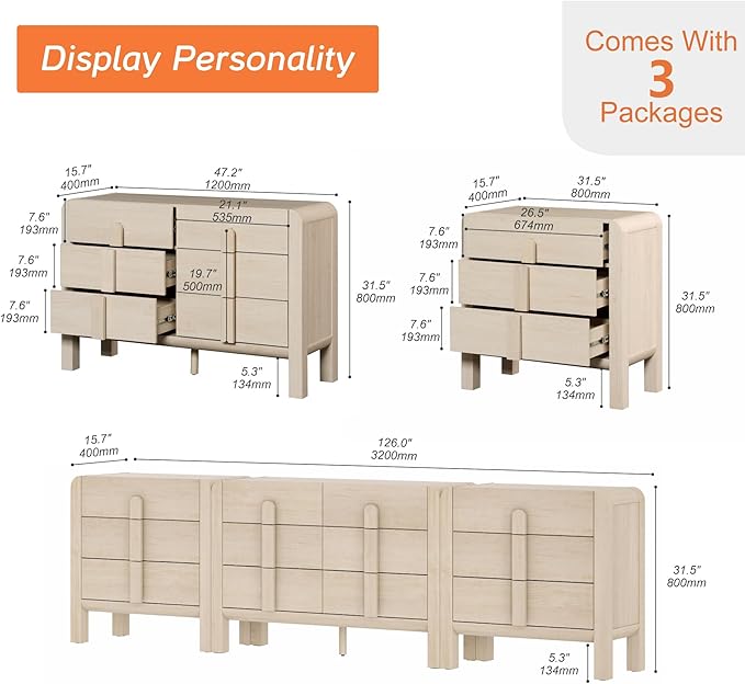 WAMPAT 3 Piece Bedroom Dresser Set, 110.2" Wide Mid Century Modern Chest of - Image 2