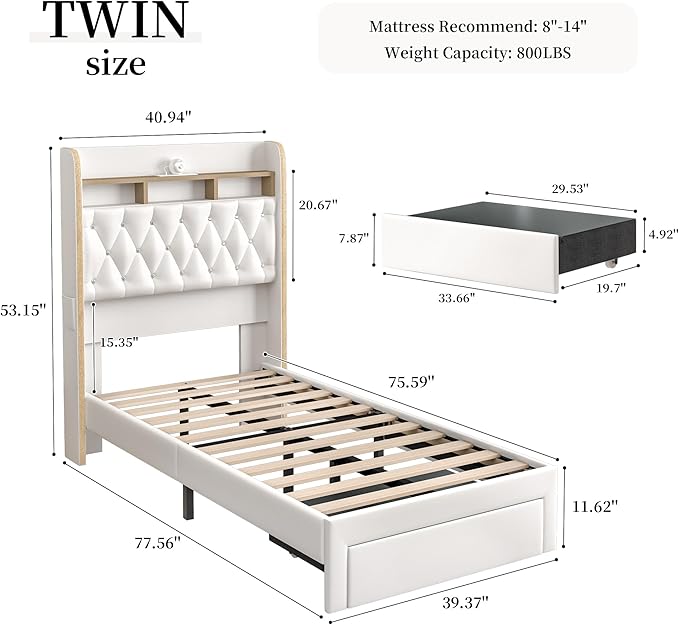 Twin LED Bed Frame with Storage Drawer, PU Upholstered Platform Beds with - Image 2