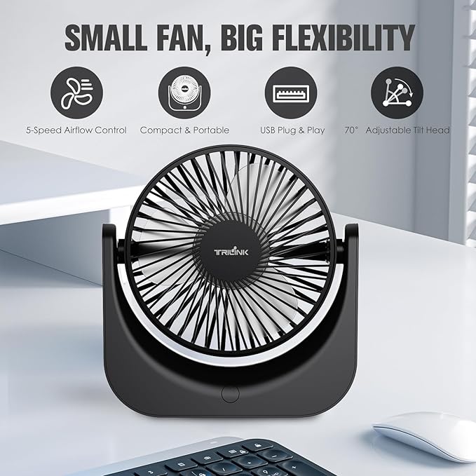 TRILINK Small USB Desk Fan – 5-Speed Mini Table Fan - Image 2