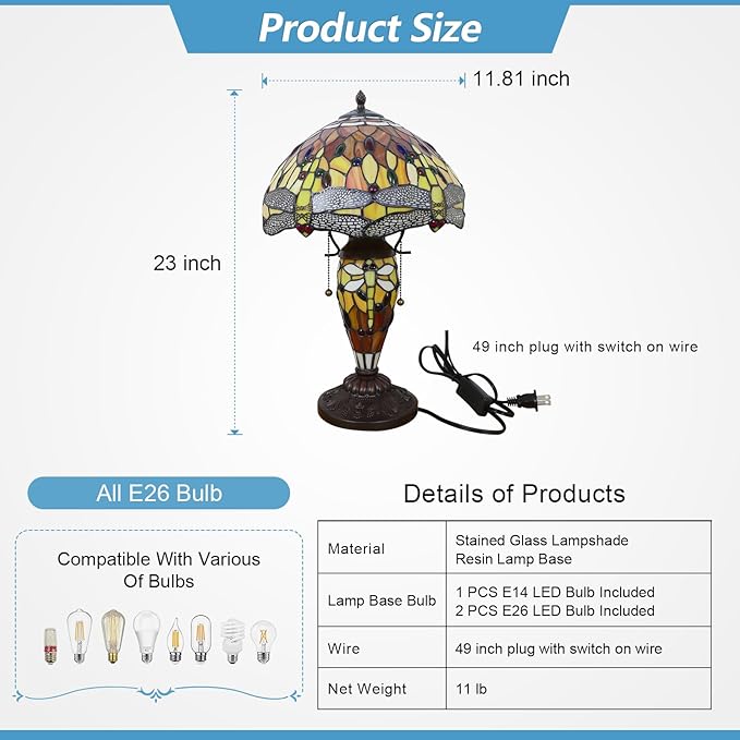 Tiffany Table Lamp 3 Lights Dragonfly Stained Glass Table Lamp Victorian - Image 2