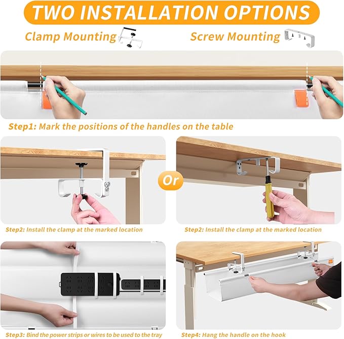 No Drill Under Desk Cable Management Tray, Fabric Cable Management - Image 7