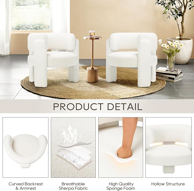 COLAMY Modern Accent Chairs Set of 2, Upholstered Barrel Chairs, Comfy Sherpa - Image 3