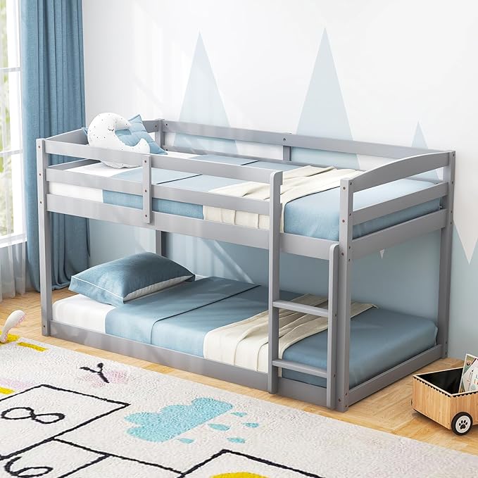 KOMFOTT Low Bunk Bed Twin Over Twin, Solid Wood Bunk Bed Frame by KOMFOTT