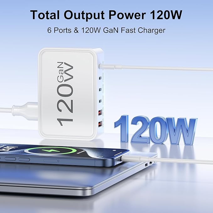 USB C Charger Block, 120W GaN 6 Port Type C Fast Charging Station Hub, 5FT Cord - Image 2