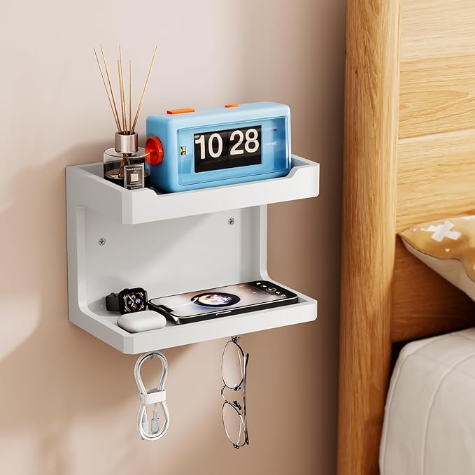 NiHome Large Wall Mounted Wooden Bedside Organizer, Double Storage Shelves & - Image 2