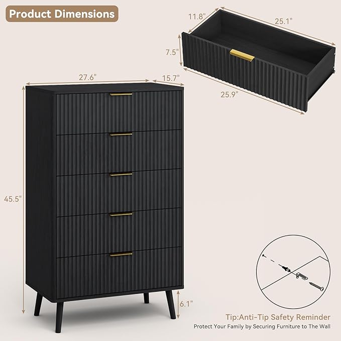 CARPETNAL Fluted 5 Drawers Dresser - Image 2
