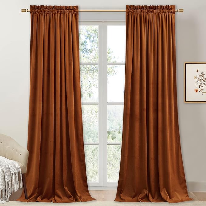 StangH Burnt Orange Velvet Drapes Vibrant Thermal Insulated Window Drapes by StangH