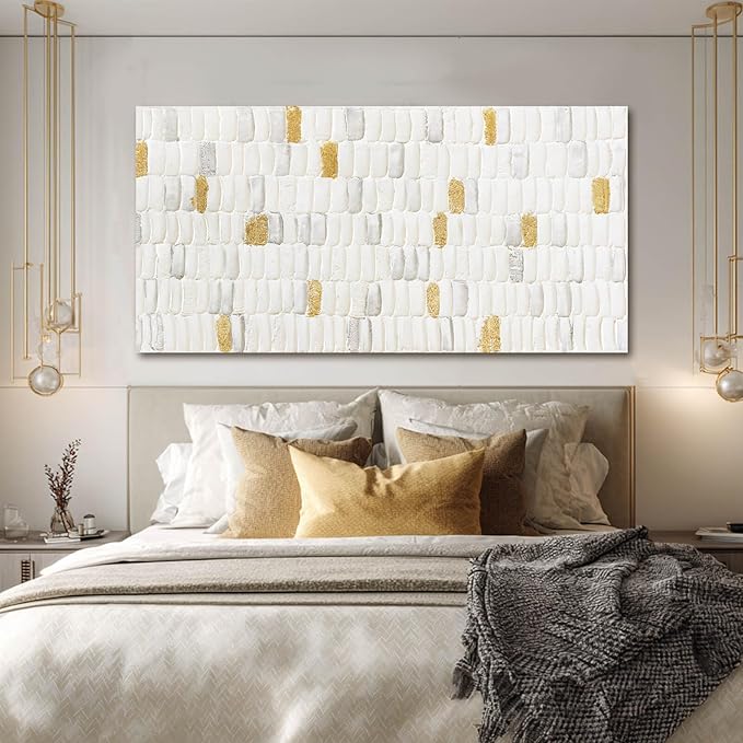 YETHEN WAL White and Gold Abstract Wall Art, Textured Geometric Canvas Painting - Image 4