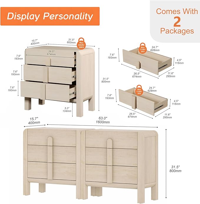 WAMPAT Modern 3-Drawer Nightstand Set of 2, 31.5" Tall Nightstand End Table - Image 3