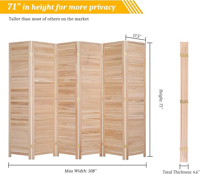 Bonnlo Wood Room Divider Privacy Screen, 5.9 Ft Tall Folding Partition Wall - Image 2