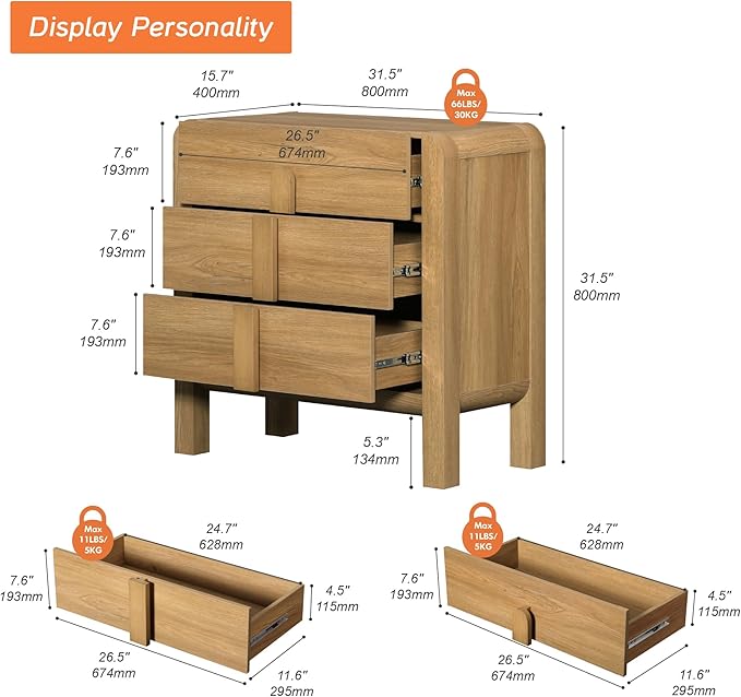 WAMPAT Modern 3 Drawer Nightstand, 31.5" Tall Nightstand - Image 3