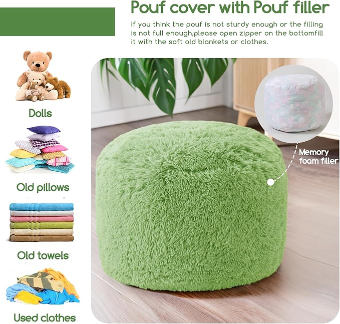 HIGOGOGO Round Stuffed Pouf Ottoman, Long Faux Fur Poufs - Image 4