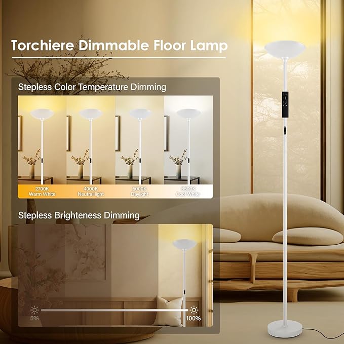 Stepless Dimmable Floor Lamp, 30W 3000LM Super Bright LED Torchiere Floor Lamps - Image 3