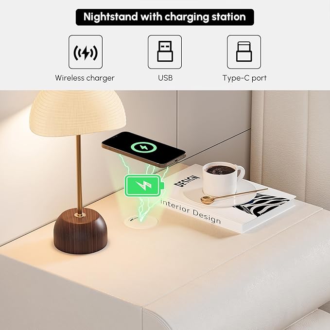 homary Smart Nightstand with Wireless Charging, USB & Type-C Ports – Modern Off - Image 3