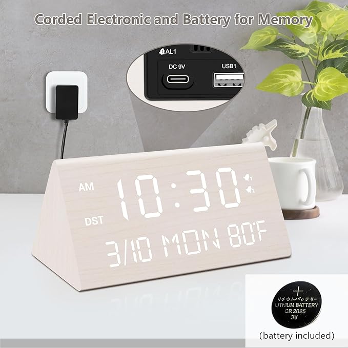 Kogonee Wooden Digital Alarm Clock, 0-100% Dimmer, 2 Alarm Settings, - Image 2