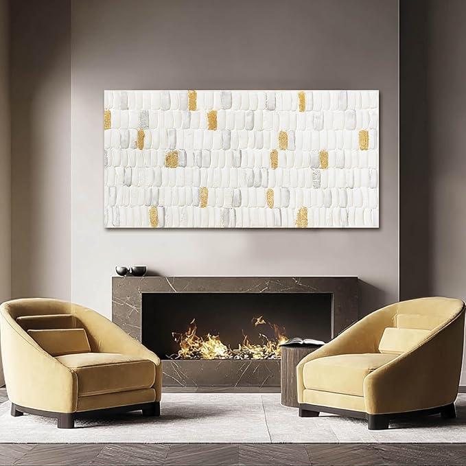 YETHEN WAL White and Gold Abstract Wall Art, Textured Geometric Canvas Painting - Image 7