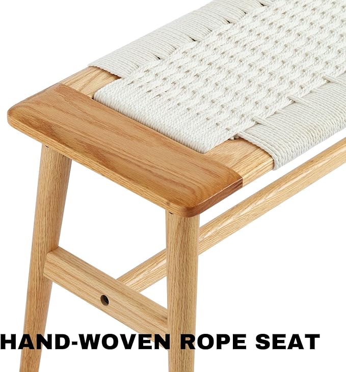 31.5'' Woven Dining Beach with 100% Solid Oak Wood Bench Frame, Hand Knitted - Image 7