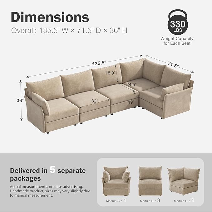 ABCASA 135.5" Oversized Modular Sectional Sofa, L Shaped Convertible Couch - Image 2