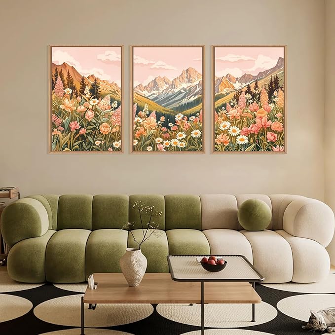 LHIUEM Large Abstract Colorful Mountain Framed Canvas Wall Art, Boho Pink - Image 2