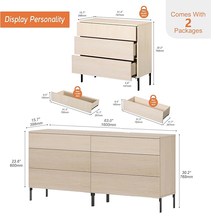 WAMPAT 63" W Fluted Dresser for Bedroom, Modern 6 Drawer Dresser TV Stand - Image 2