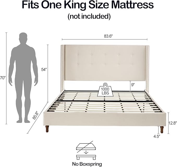 King Size Upholstered Bed Frame, Hand Buttoned Tufting Headboard Beds/No Box - Image 2