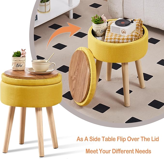 Mxfurhawa Storage Ottoman Foot Stool Linen Round Vanity Stool Tray Top Footstool - Image 3