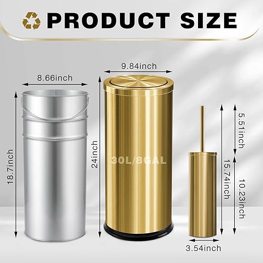 Maxdot 2 Pcs 8 Gallon/30 L Gold Lidded Trash Can and Toilet Brush Set, Garbage - Image 2