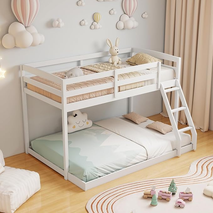 KOMFOTT Low Bunk Bed Twin Over Full, Solid Wood Twin Bed Frame - Image 4
