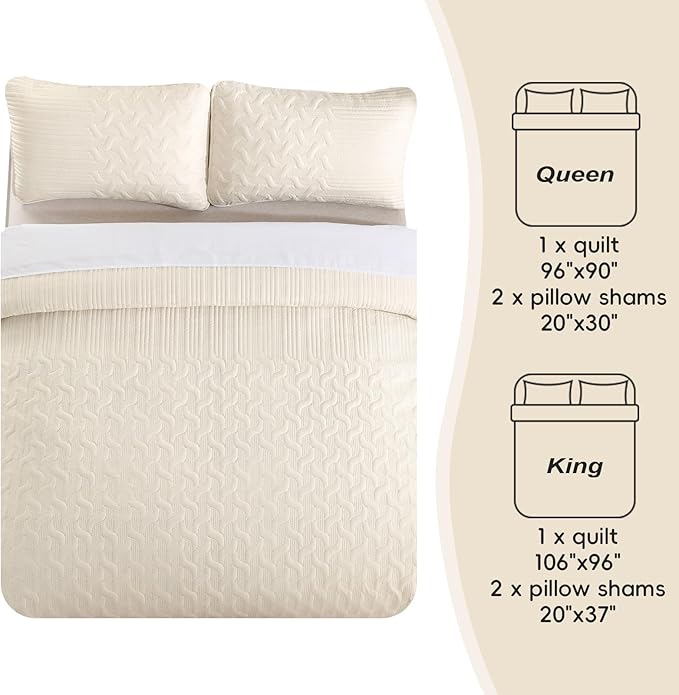 Yiran Beige Quilt Set Queen Size Lightweight Bedspread Ultrasonic Wave Pattern - Image 8