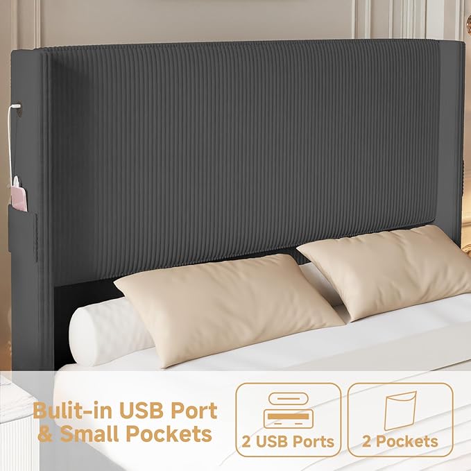 King Size Bed Frame with Headboard, Upholstered Platform Bed with Tall Wingback - Image 5