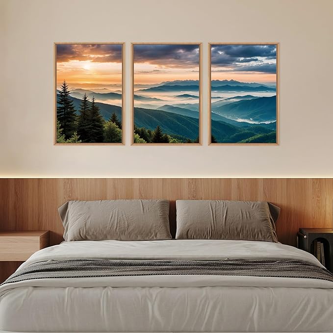 LHIUEM Large Nature Mountain Sunrise Framed Canvas Wall Art, Modern Misty Tree - Image 5